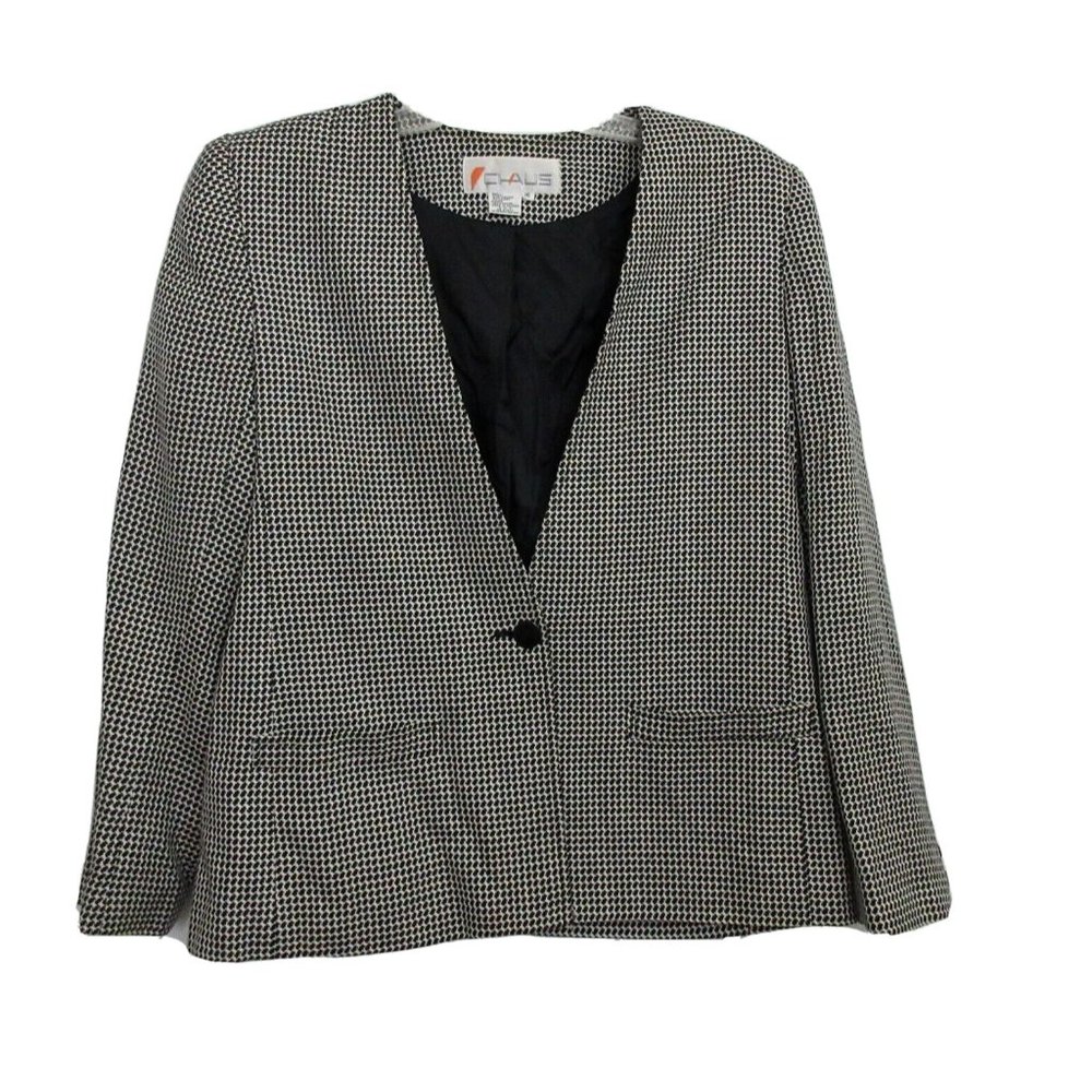 Chaus Blazer Jacket Sz 10 Houndstooth Black & White 1 Button Linen Blend Career